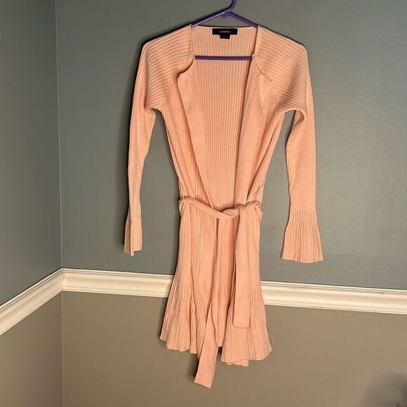 Express baby pink long‎ knit cardigan sweater open front tie waist layering - Picture 1 of 8